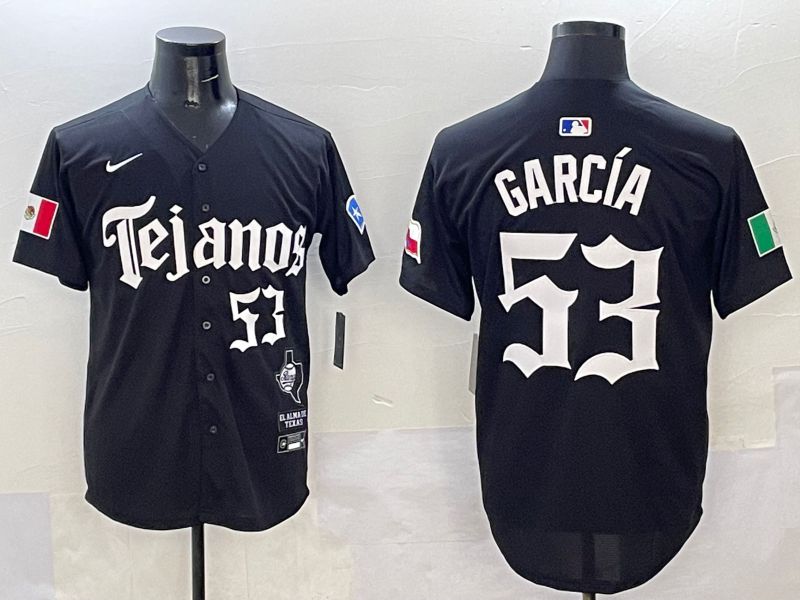 Men Texas Rangers 53 Garcia Black Five generations Joint Name 2025 Nike MLB Jersey style 5